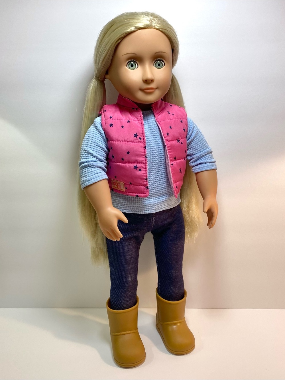 Our Generation 18” Doll Blonde Blue Eyes Stylish Hiker Vest Top Leggings Boots